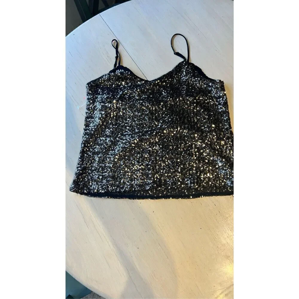 Carmen Marc Valvo Black Gold Sequin Spaghetti Strap Camisole Blouse SZ S (4/6) - Picture 8 of 9